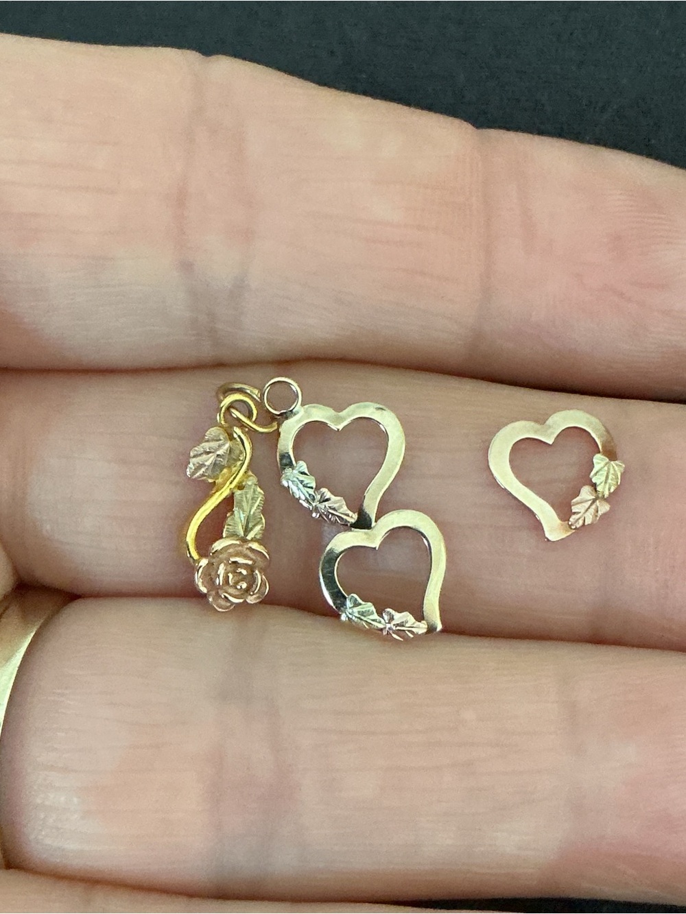 Three 10K Black Hills Gold Charms Hearts Flower Leaf